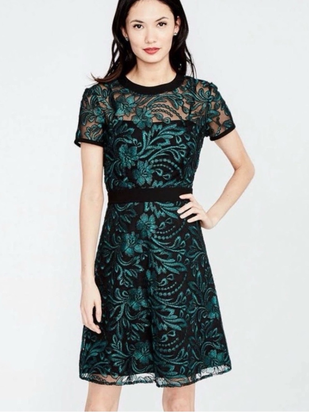 Rachel Roy Black & Emerald Green Embroidered Floral Fit-and-Flare Dress